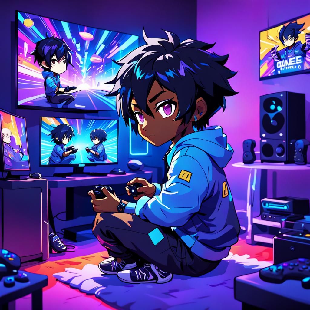 Chibi Gamer in Anime Style Playing Video Games