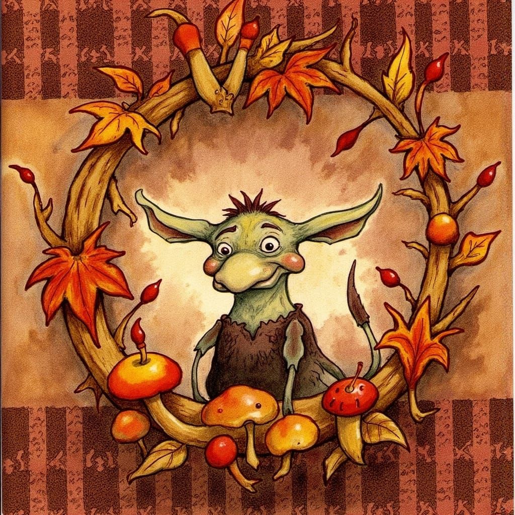 Whimsical Goblin with Autumn Wreath, in Watercolor Style