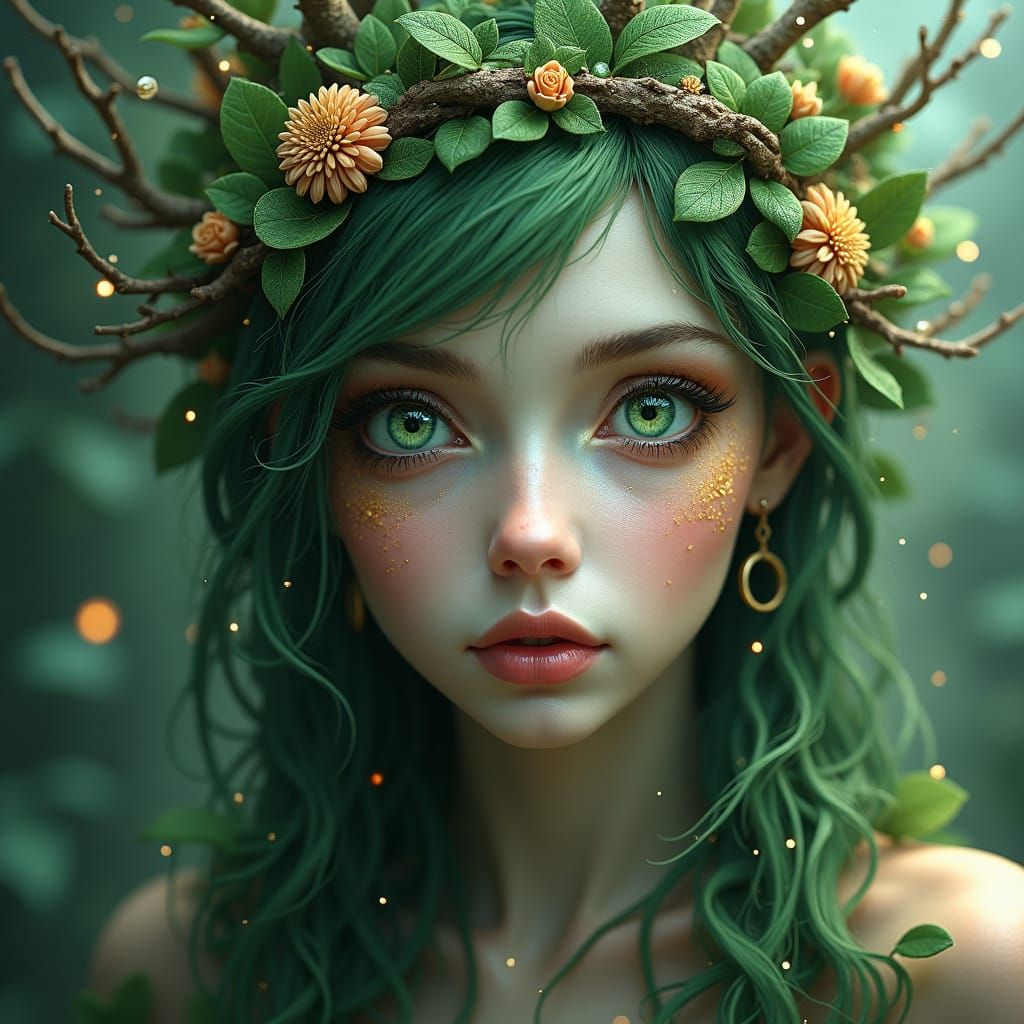 A surreal, portrait of a mystical forest girl with detailed ...