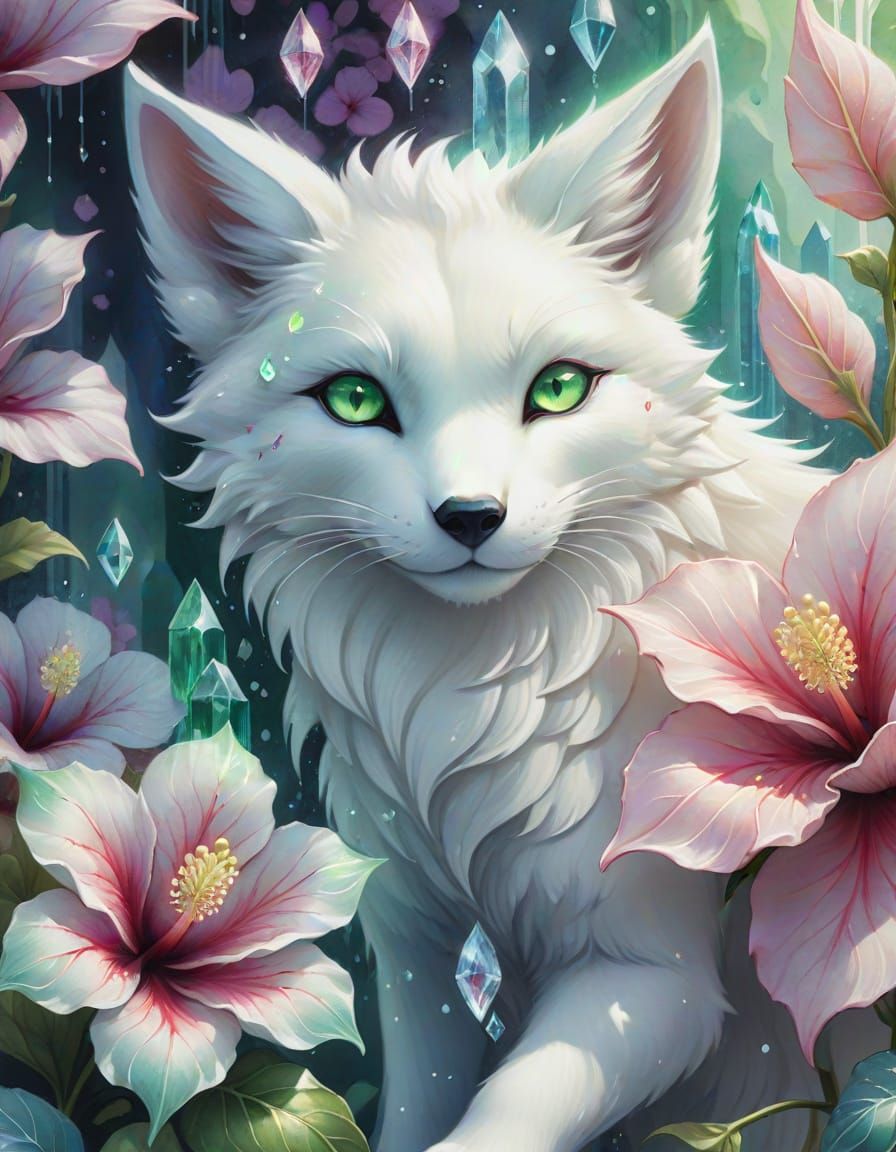 Kitsune and Crystal Hibiscus: Whimsical Watercolor Art