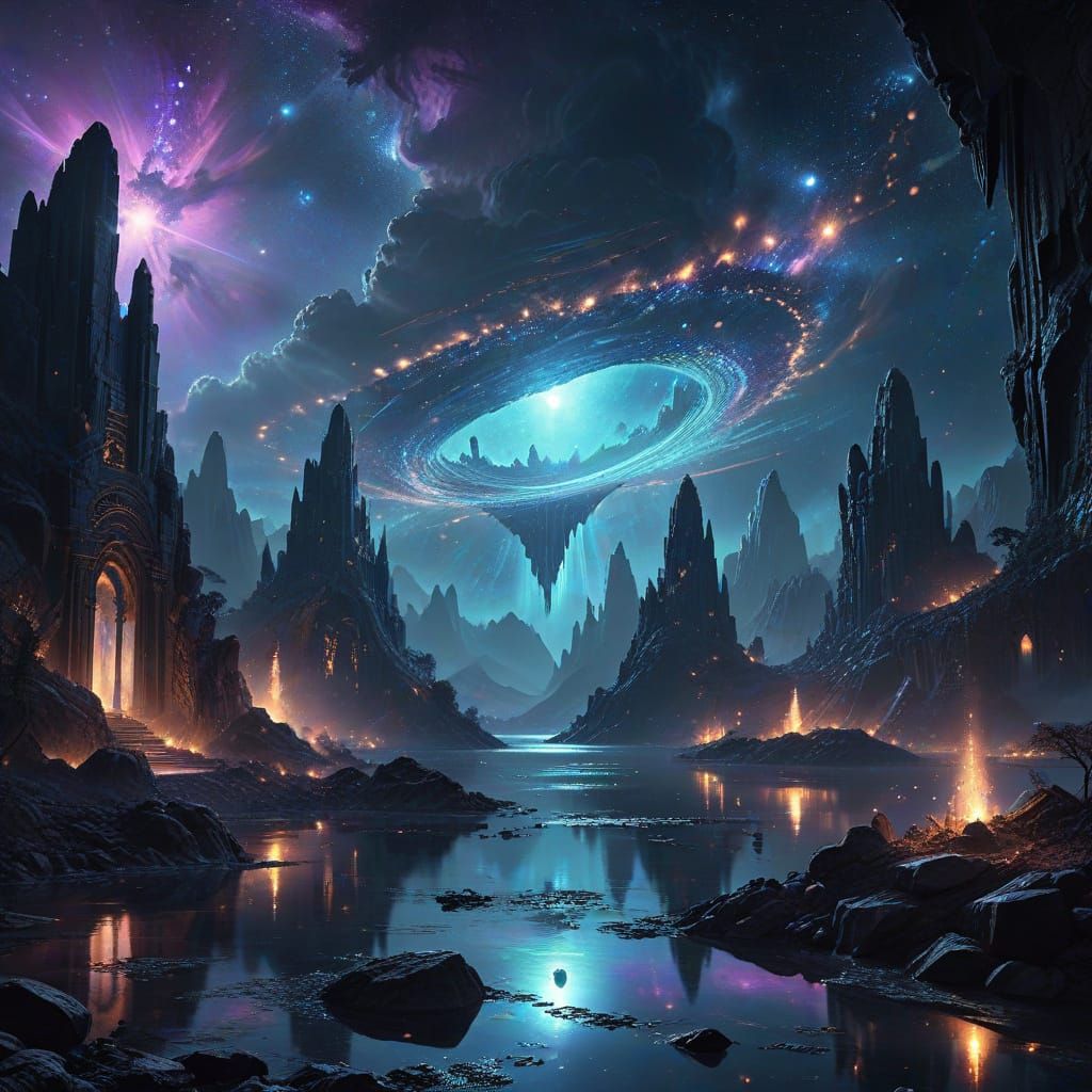 Solitary Lost City Gliding on Obsidian Lake in Cosmic Wonder