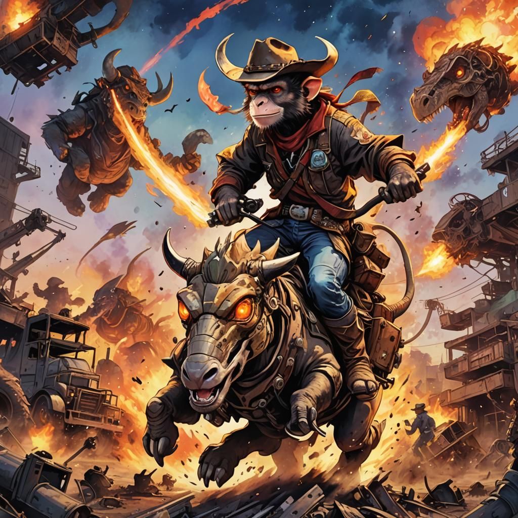 Cowboy Monkey Rides Triceratops in Watercolor Style