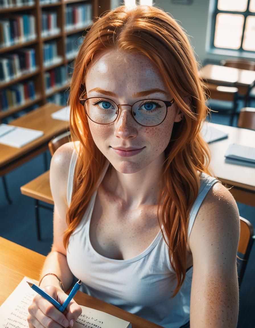 Girl Writing in Library with Sunlight and Freckles