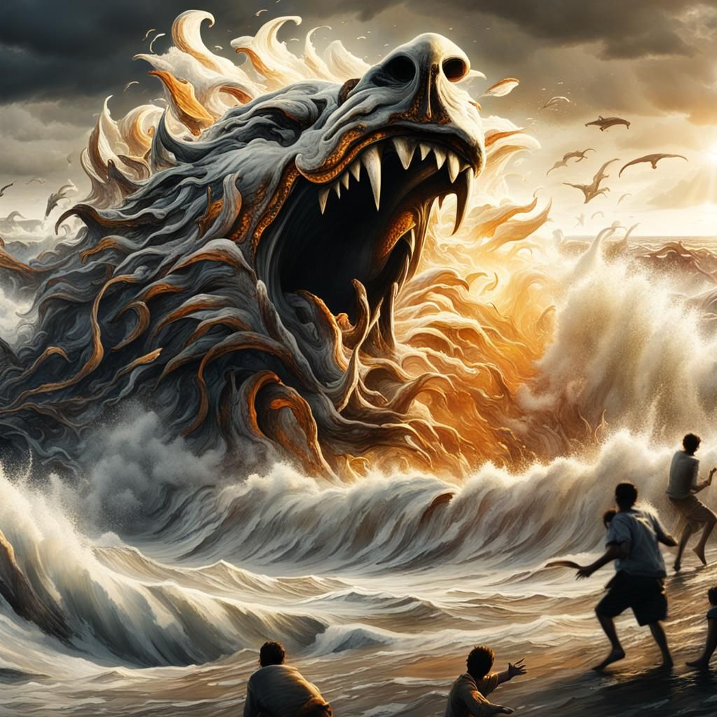 Tsunami Wave Crashes on Crowded Beach