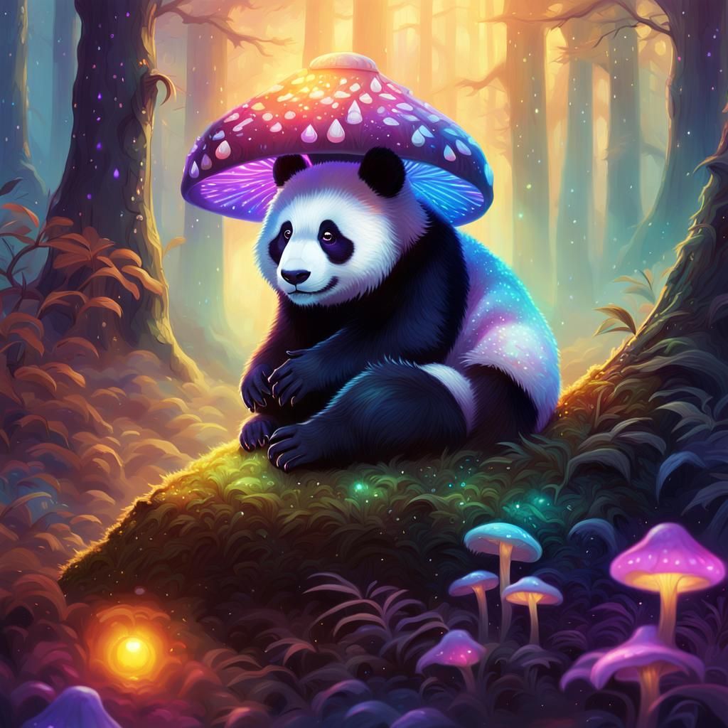Panda on Mushroom in Iridescent Forest