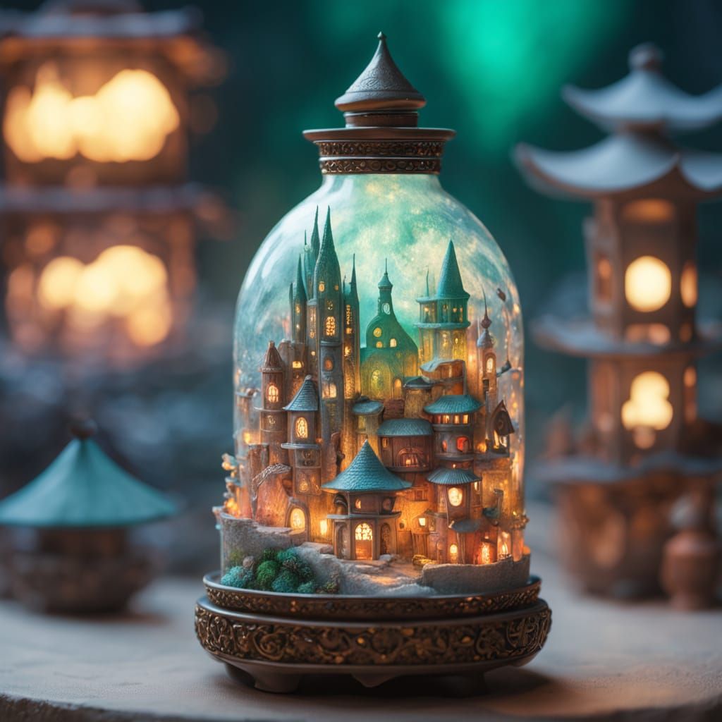 Ethereal Emerald Metropolis in Glass Bottle