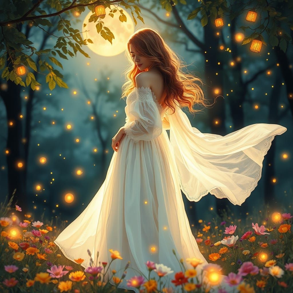 Whimsical Woman in Moonlit Forest, Soft Focus Digital Art