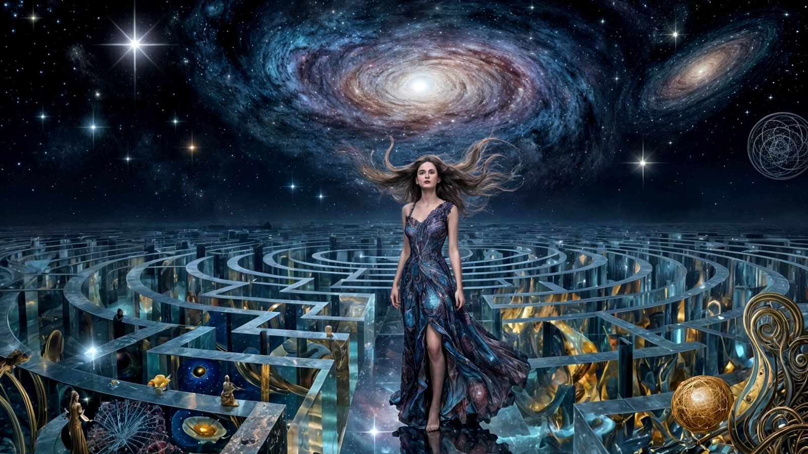 Cosmic Woman in Mirrored Labyrinth Under Starlit Sky