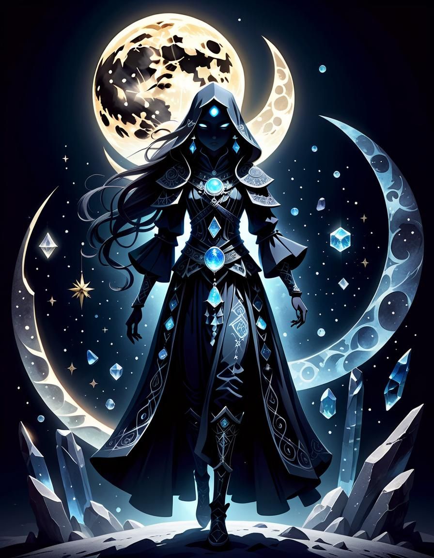 Mysterious Figures Amidst Celestial Runes and Crystals