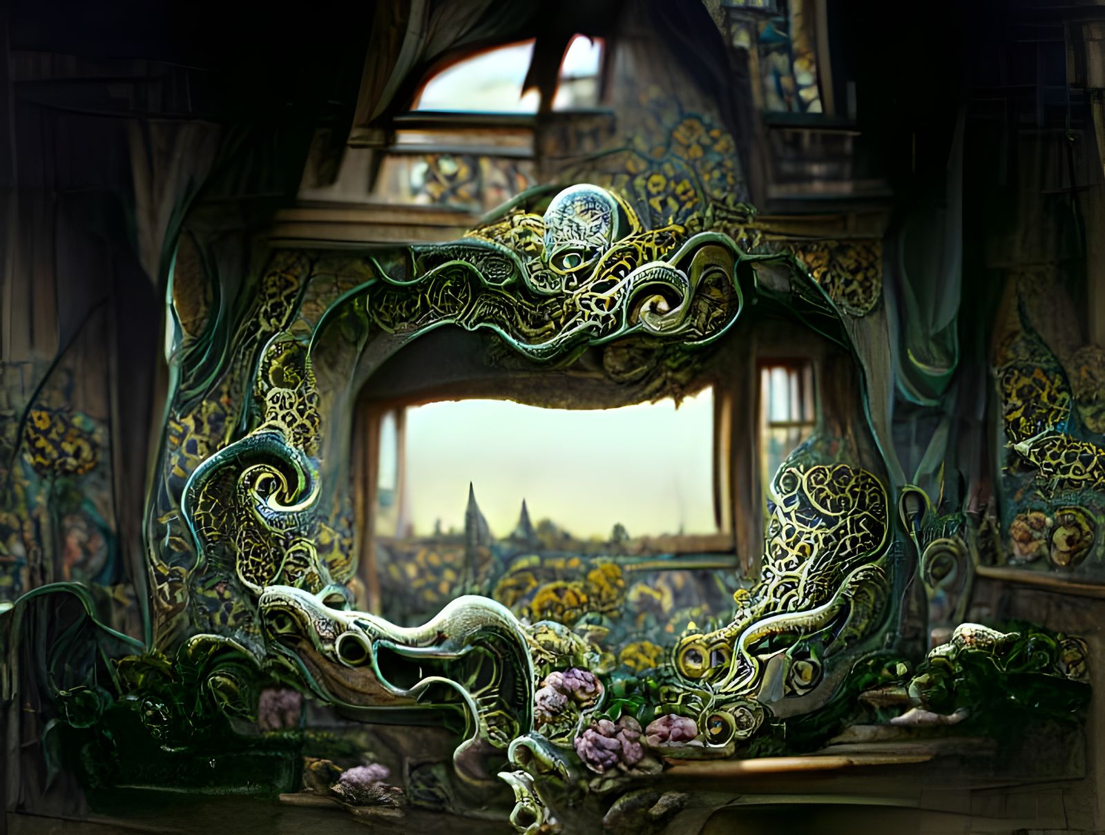Gilded Chinese Porcelain Architecture in Art Nouveau Style