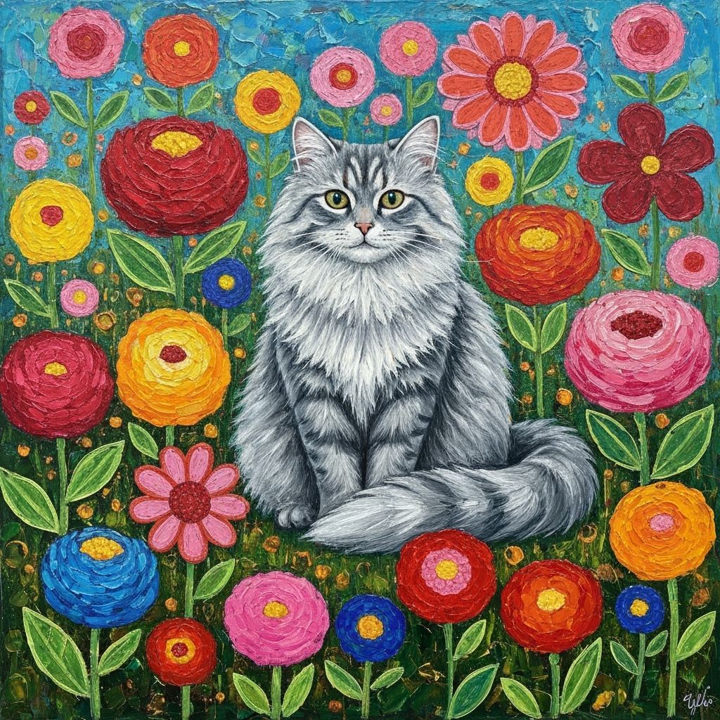 Impasto Painting: Fluffy Cat in Folk Art Flowers