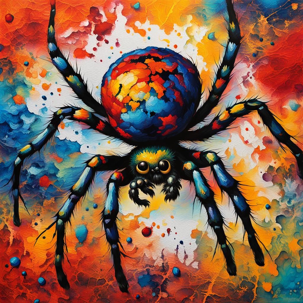 Spider in Ink Splatters: Neo-Impressionist Oil Painting