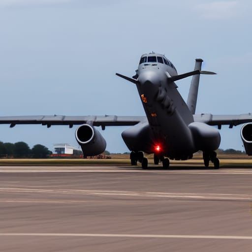 Military Cargo Aircraft Landing at Run-Down Airfield