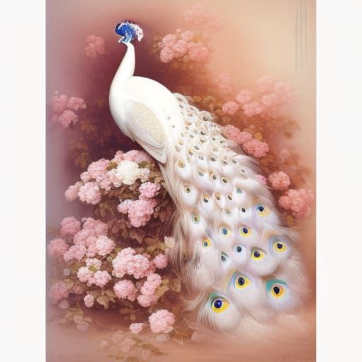 White Peacock Portrait with Roses in Matte Painting Style