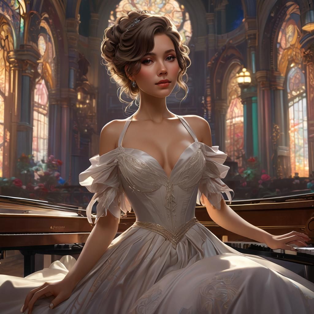 Elegant Concert Pianist Portrait in Art Nouveau Style