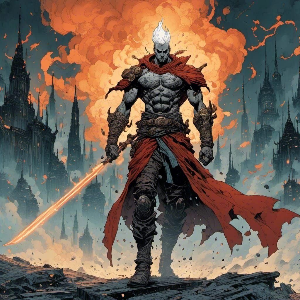 Armored Warrior with Fiery Spear in Linocut Style