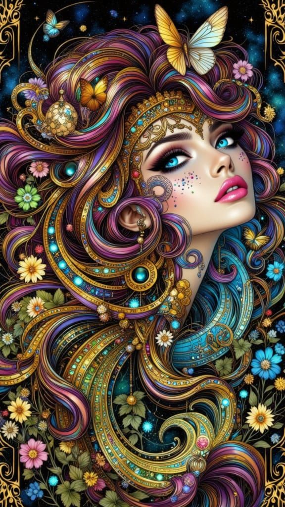 Queen of Harmony in Retrofuturistic Style with Blue Eyes