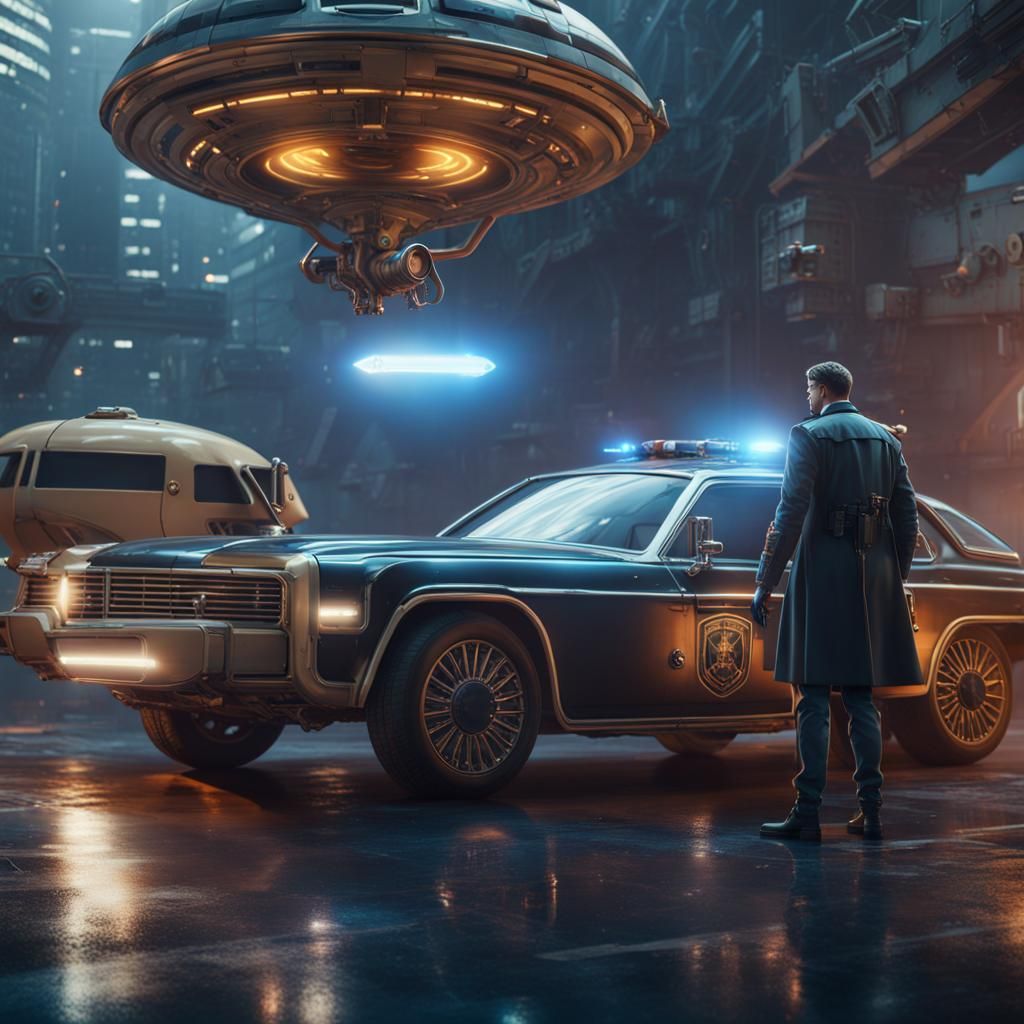 Cyborg Detective in Futuristic Cityscape