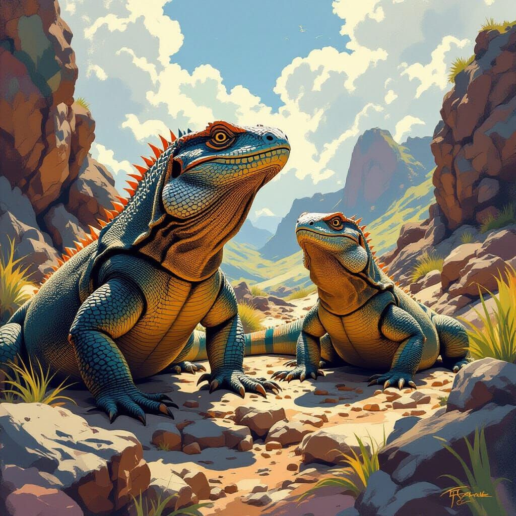 Komodo Dragons in a Dynamic, Earthy Landscape