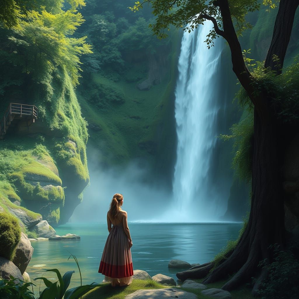 Serene Woman by Waterfall in Dreamy Landscape Art