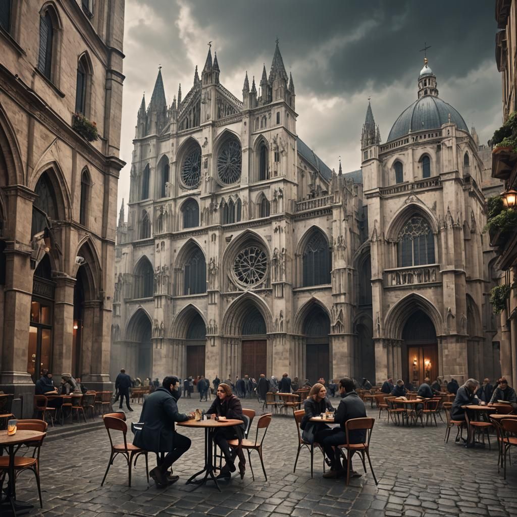 Italian Cafe Scene with Cathedral, Matte Painting