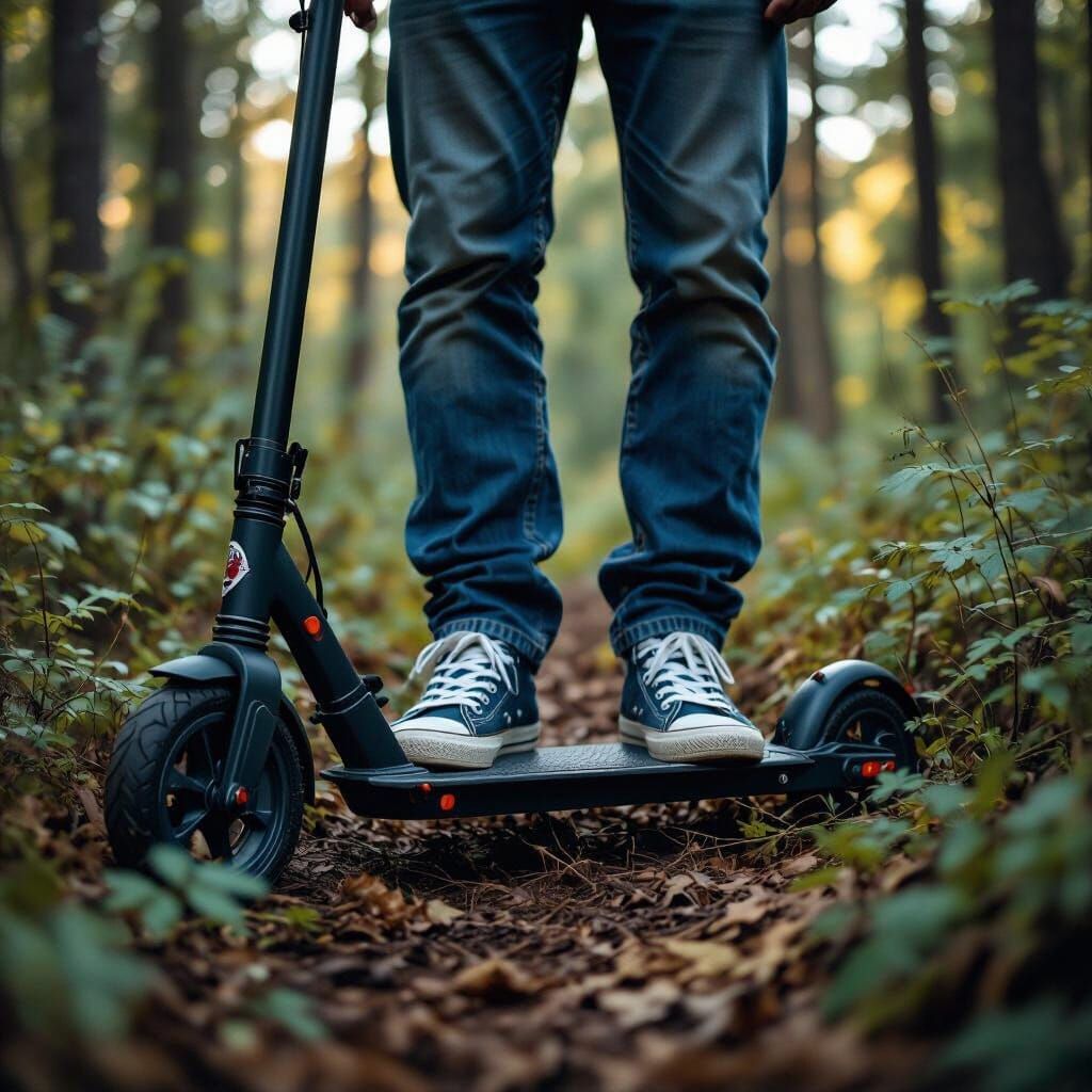 Man's Legs and Scooter in Forest: Cinematic Film Still