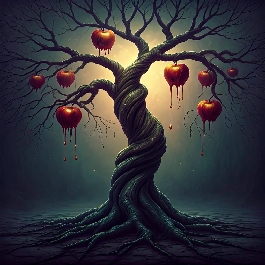Melting Apples on Twisted Tree: Dark Fantasy Art