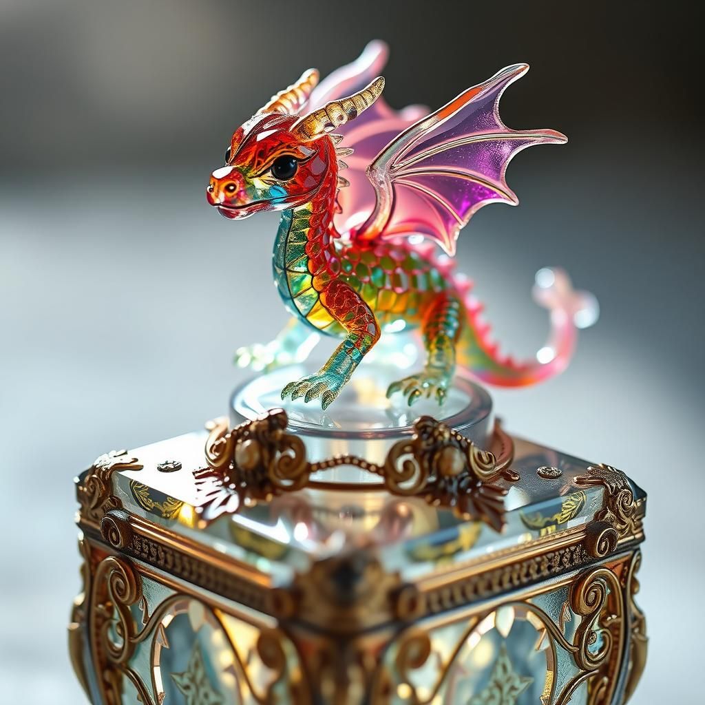 Glass Dragon on Antique Box, Digital Art