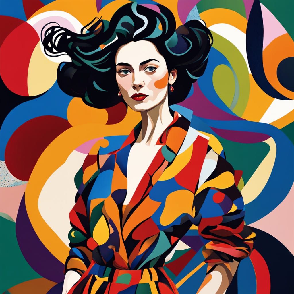 Vibrant Woman in Dynamic Pose with Abstract Shapes