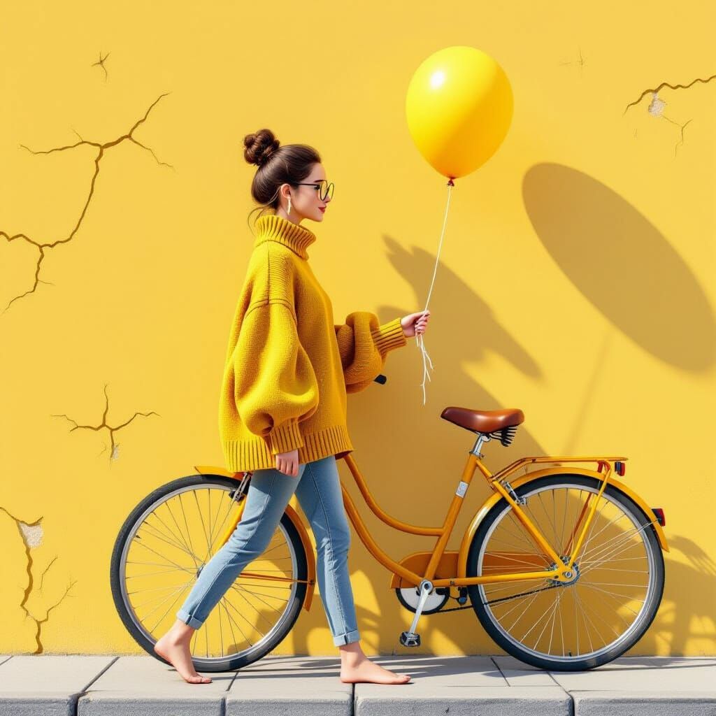 Woman with Yellow Balloon in 3D Cartoon Realism