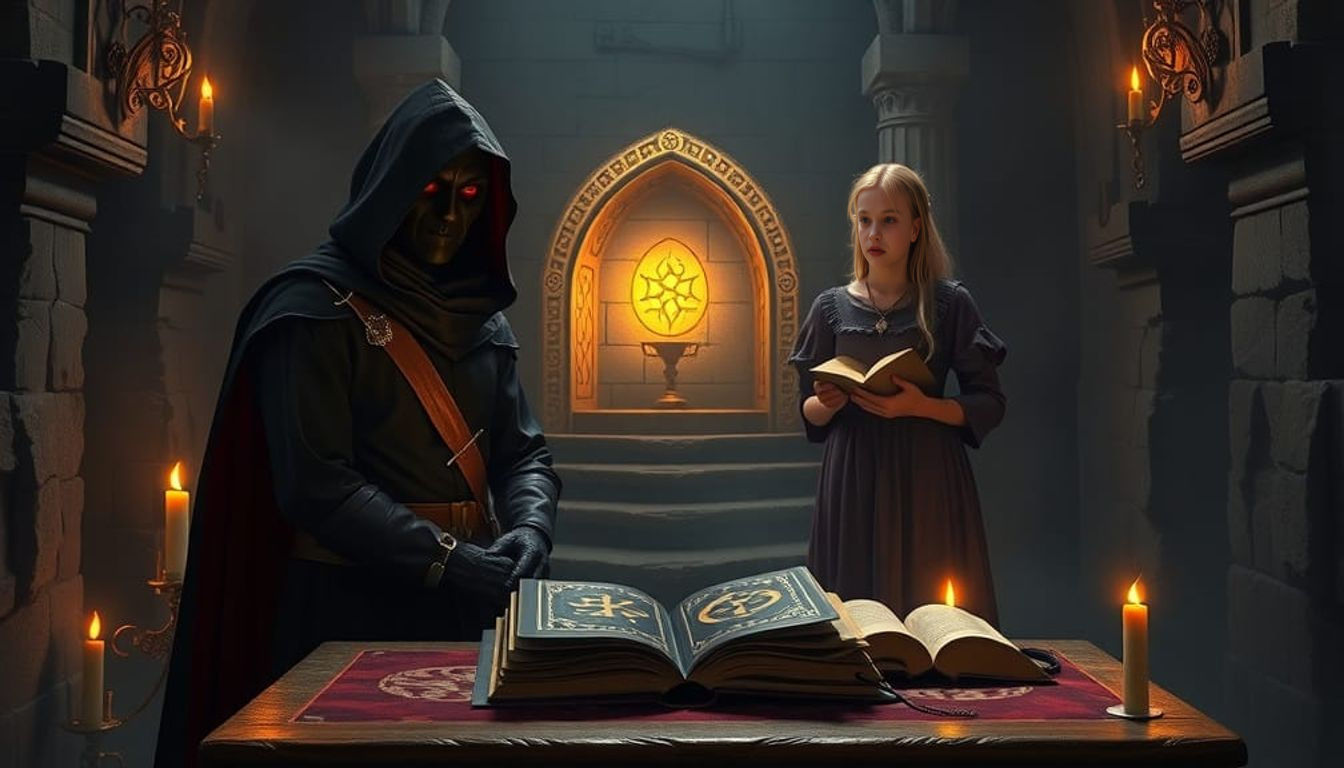 Medieval Dark Lord in Crypt with Golden Reliquary