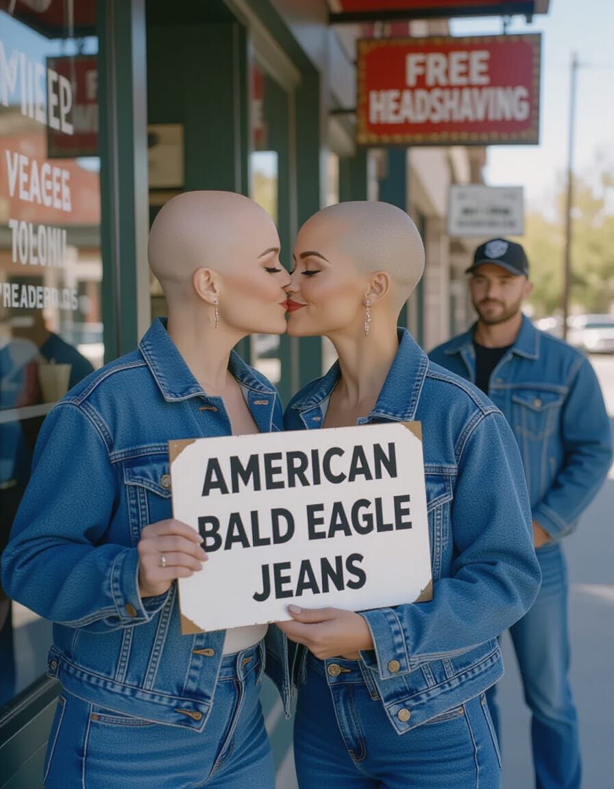 Two Bald Women Kissing in Denim, Cinematic Style