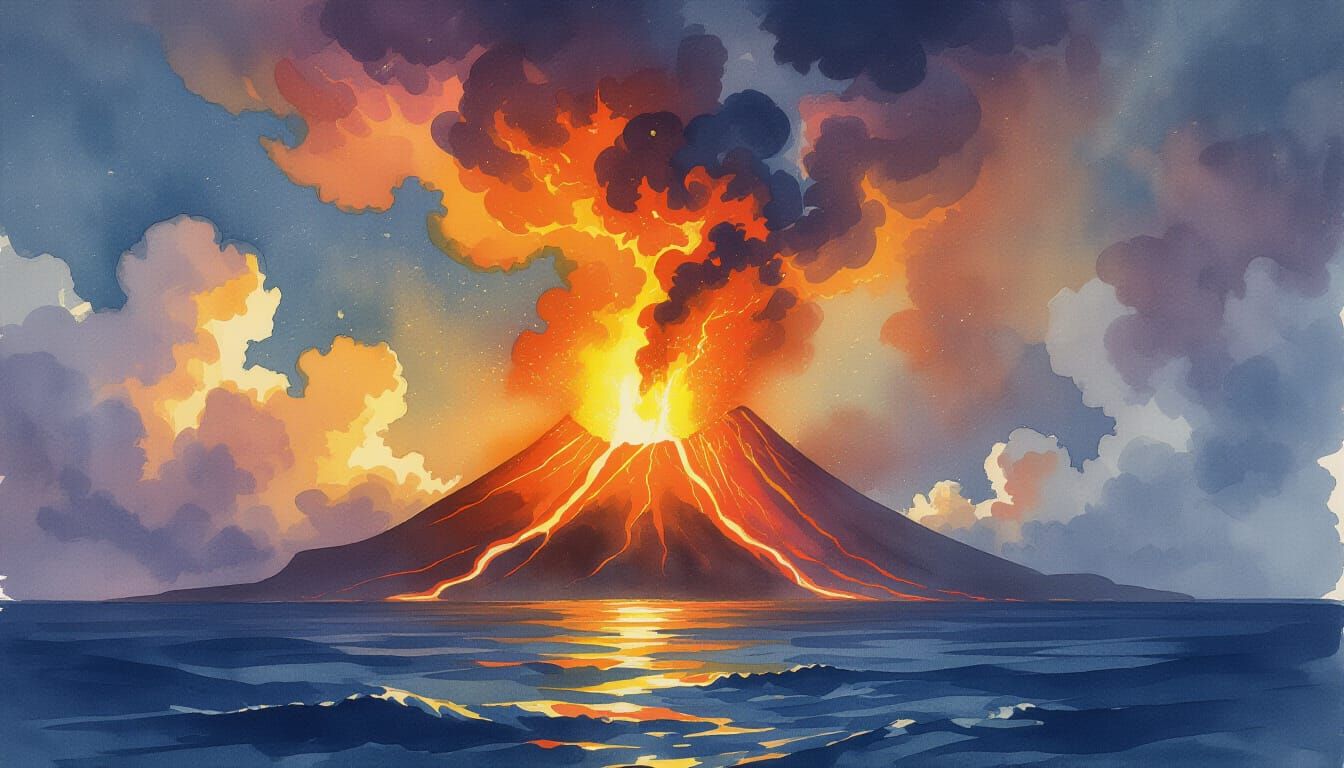 Volcanic Island Eruption in Watercolor Painting Style
