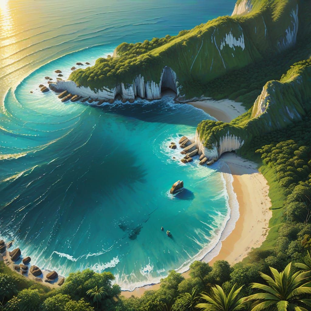 Green Island with Chalk Cliffs: Vibrant Oil Painting