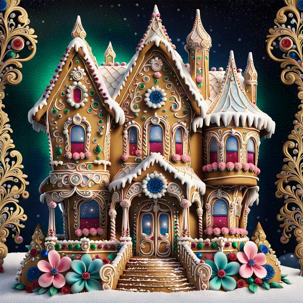 Ornate Gingerbread House Decorated with Sugar Flowers and Crystals