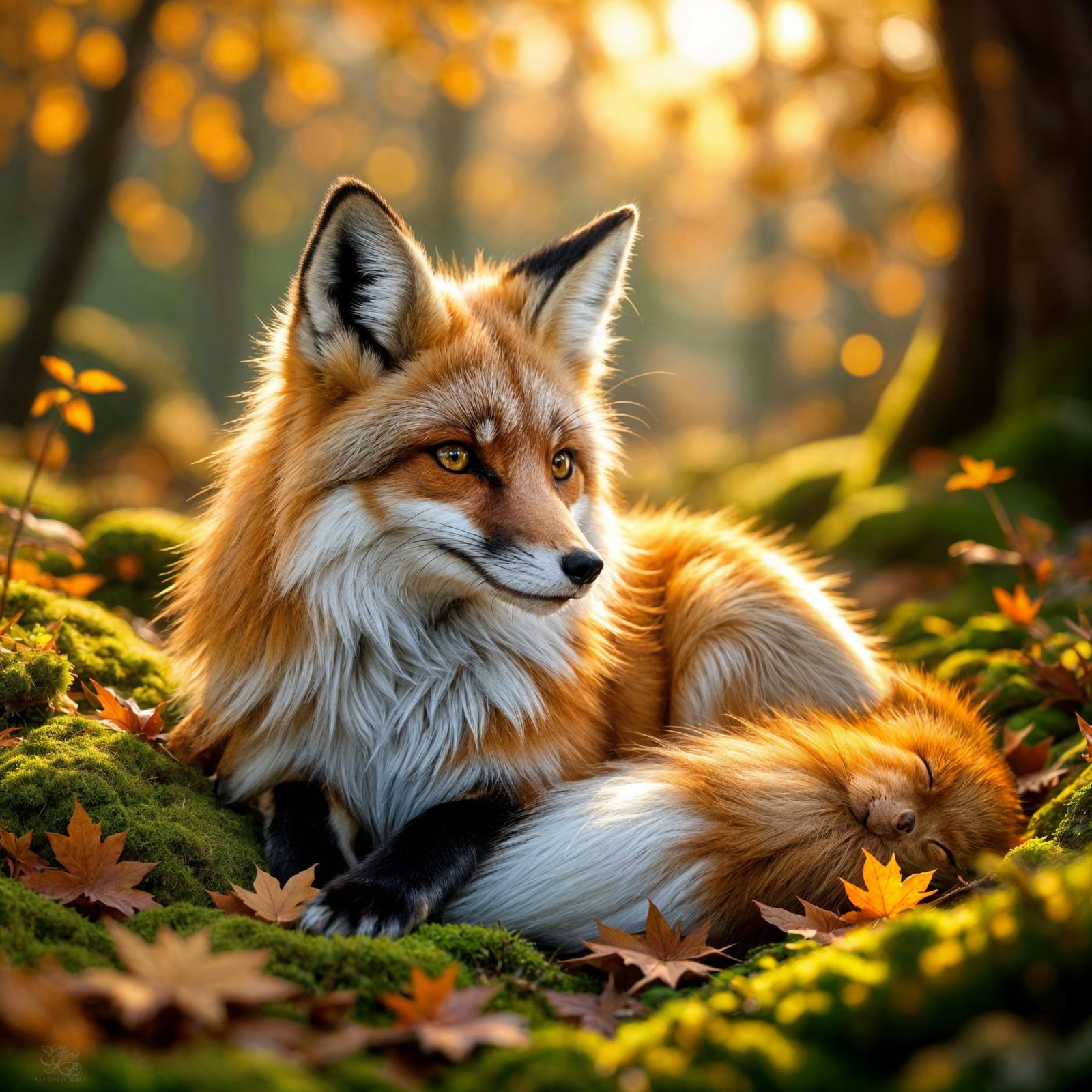 Fox Resting in Sunlit Forest Glade
