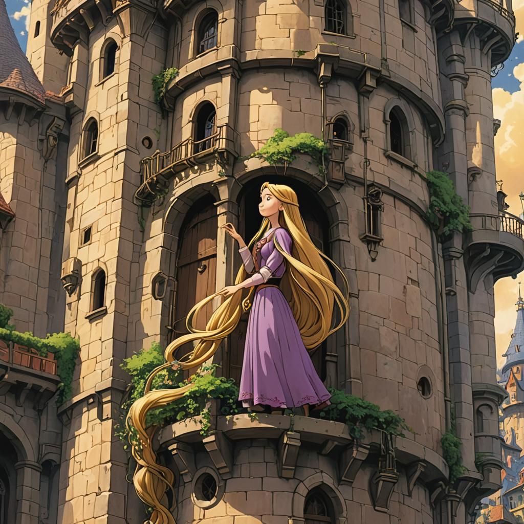 Rapunzel with her long golden hair trapped in a tower Studio...