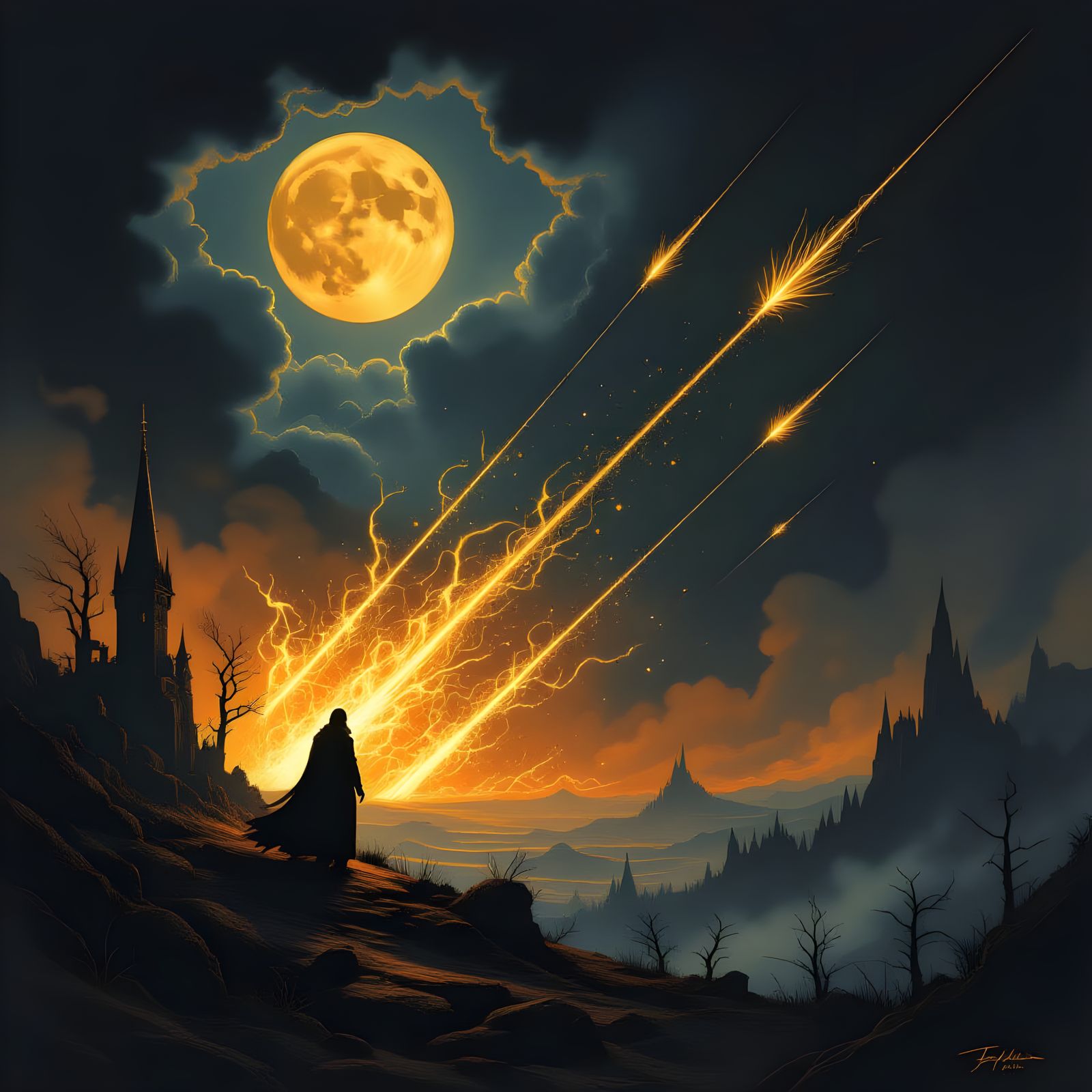 Golden Arrows Soaring Over Dark Landscape