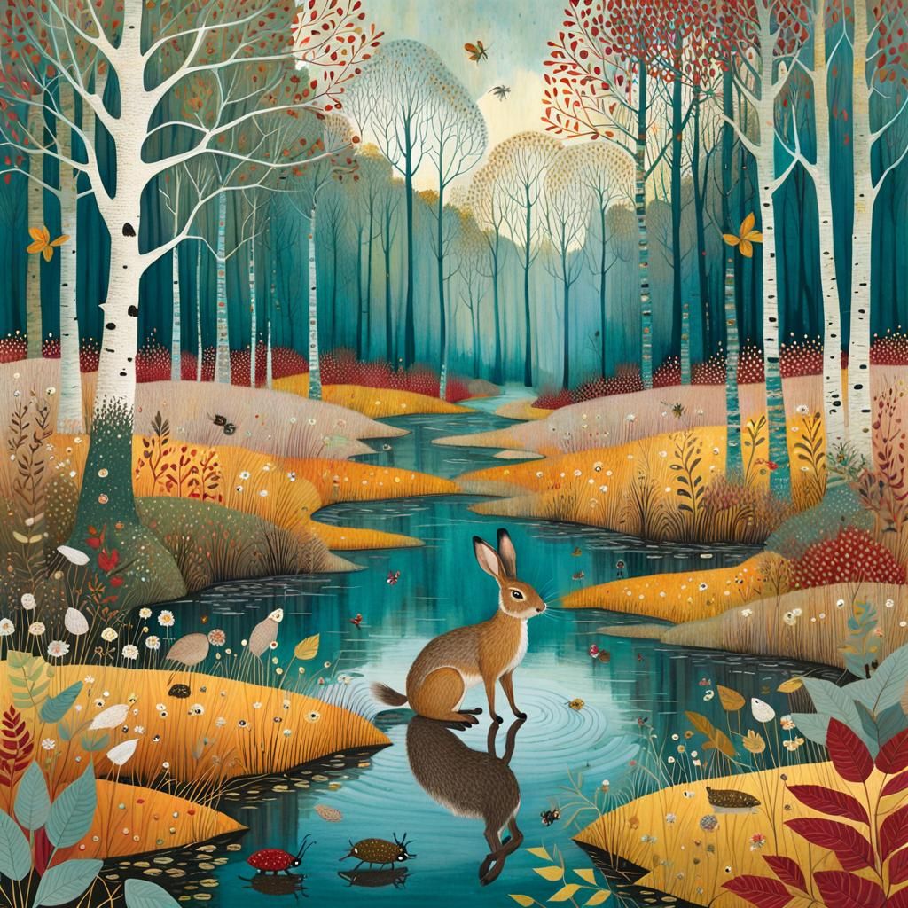 Autumn Hare in Forest, Klimt-Inspired Illustration