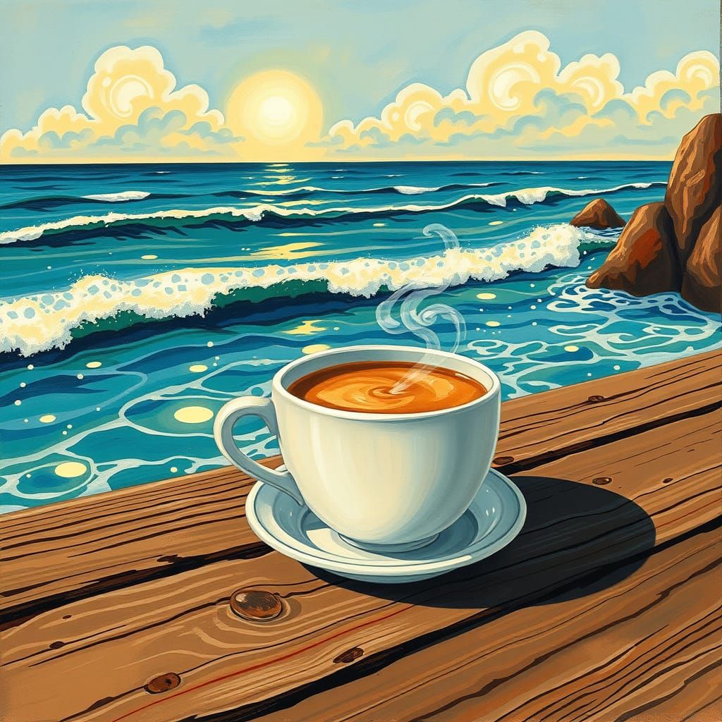 Vibrant Coffee Scene by the Ocean in Folk Art Style