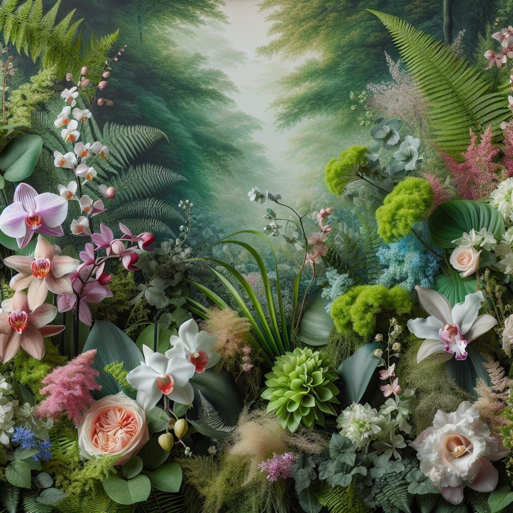 Lush Green Nature Scene with Delicate Flowers