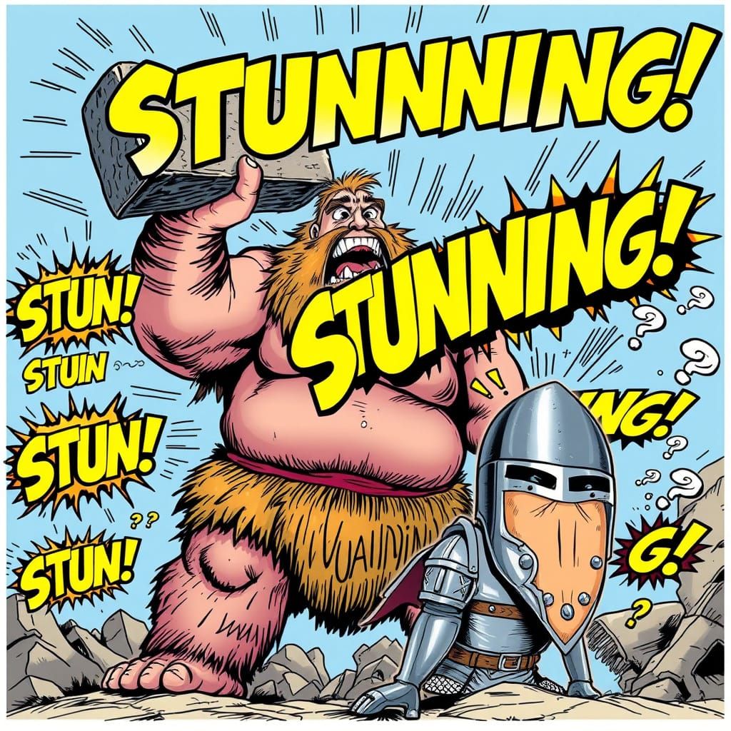 Humorous Giant Stuns Knight in Comic Book Panel