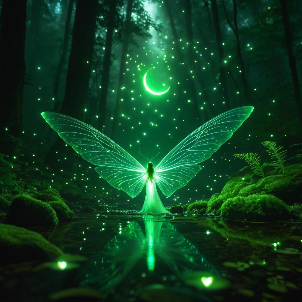Eerie Fairy in Mystical Forest, Bioluminescent Digital Art