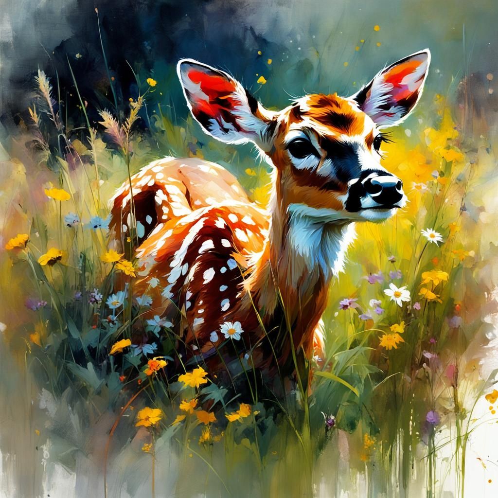 Fawn in Meadow: Detailed Matte Painting