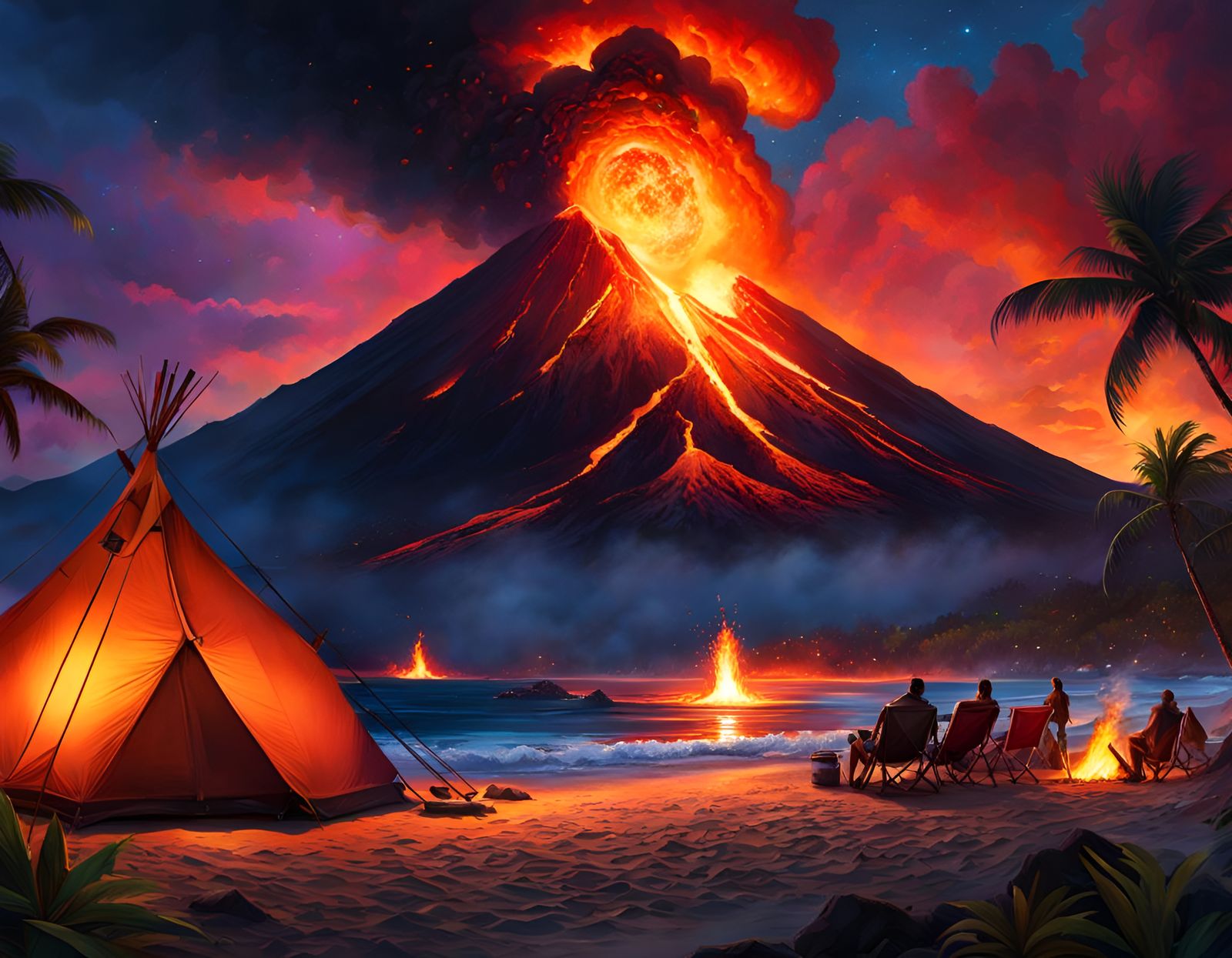 Tiki Beach Night with Erupting Volcano