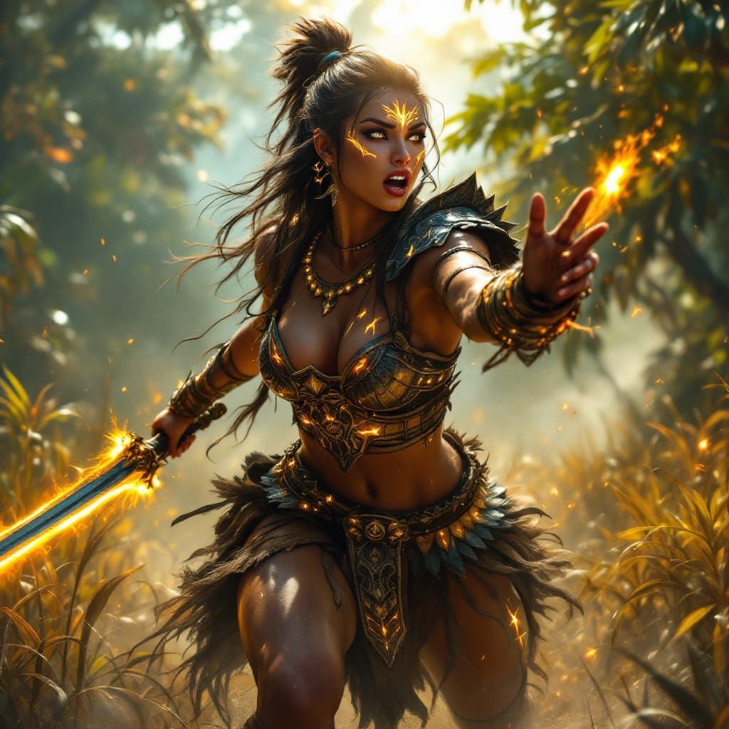 Warrior Woman With Glowing Sword in Tropical Haze