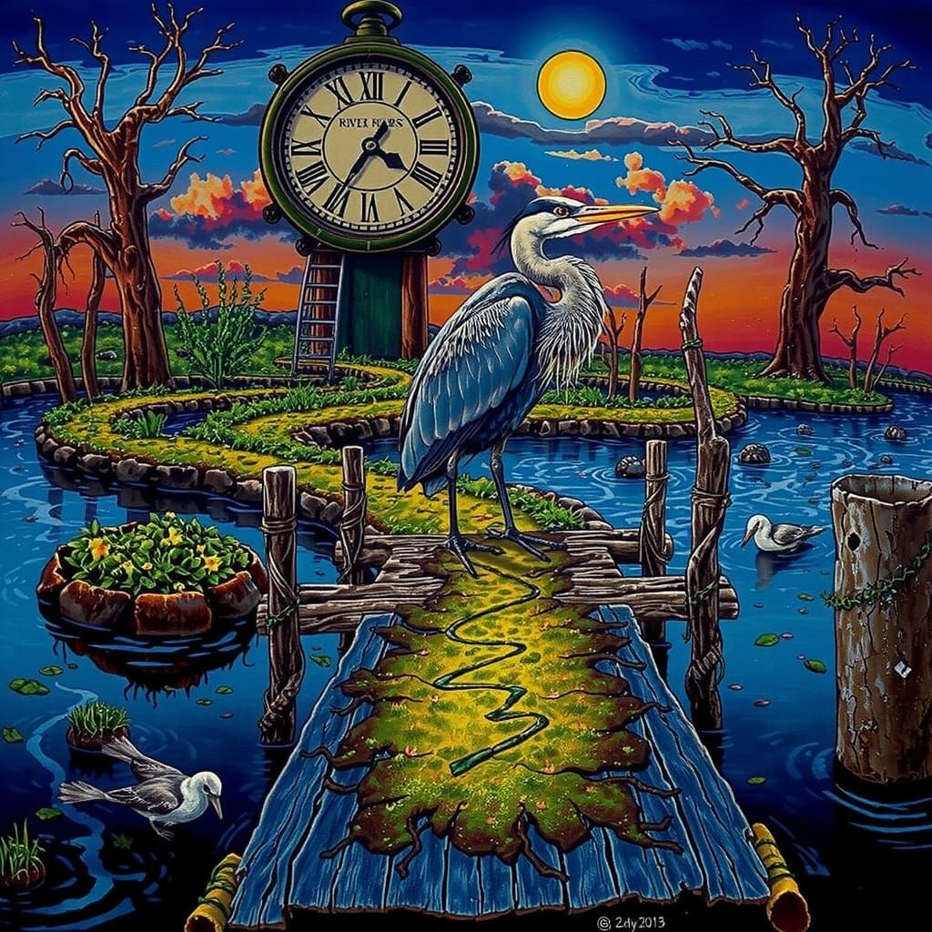 Dreamlike River Delta at Sunset with Heron