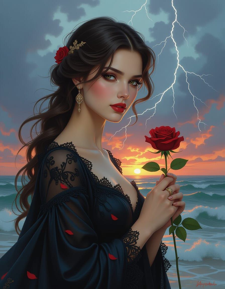 Tormented Beauty: Woman with Rose in Stormy Sky