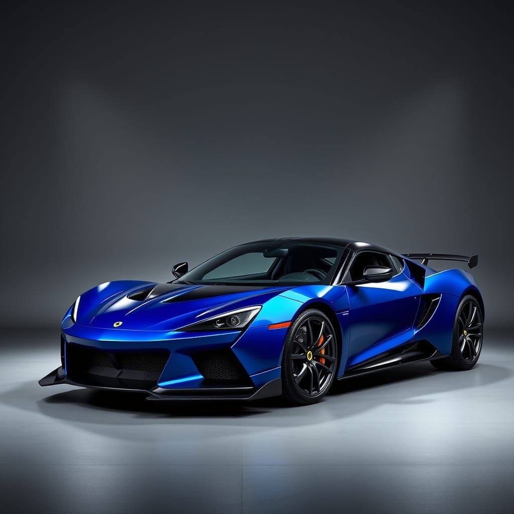 Blue 2023 3.5 liter Lotus Emira V6 first edition, MR11 BUD, seen in the studio, simple and clean background