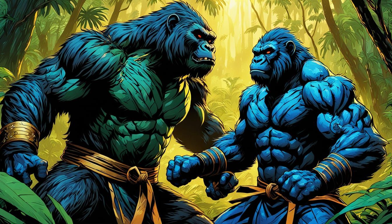 Samurai Gorilla and Tiger Training in Jungle: Comic Art